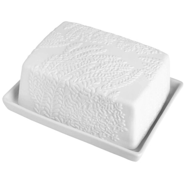 Butterdose "Farnblatt" von Räder, Porzellan, weiß, 13,5 x 10,5 cm